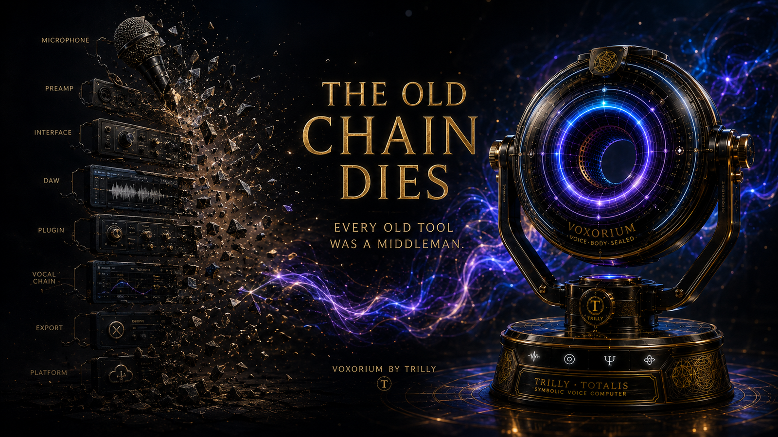 The old microphone chain shatters beside VOXORIUM